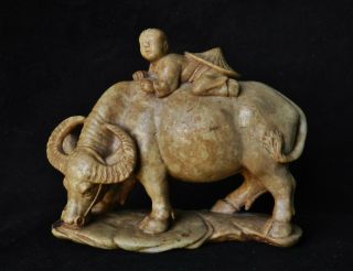 Antique Chinese Carving Hardstone Soapstone Jade Water Buffalo Ox Statue