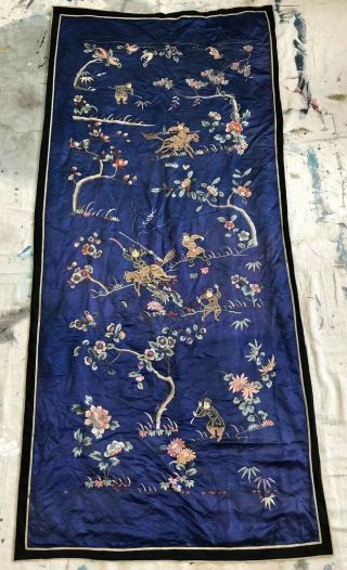 Antique 19thc Chinese Embroidered Silk Panel Mounted Warriors Floral Qing 68x32