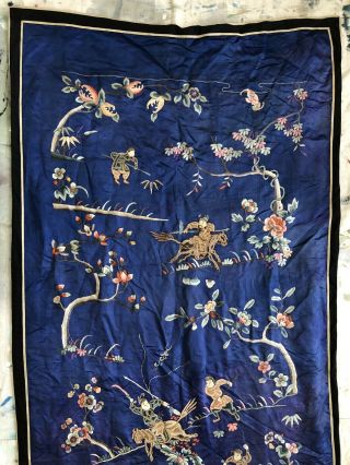 Antique 19thC Chinese Embroidered Silk Panel Mounted Warriors Floral Qing 68x32 2