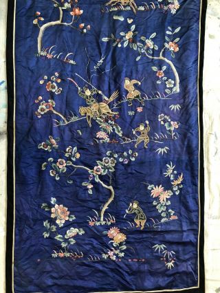 Antique 19thC Chinese Embroidered Silk Panel Mounted Warriors Floral Qing 68x32 3