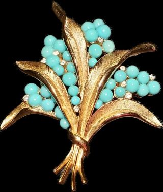 Vintage Trifari Faux Turquoise Gold Toned Rhinestone Brooch Crowned Spray