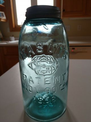 Bold Embossed Light Ball Blue Sgco Mason Patent 1858 Half Gallon Fruit Jar
