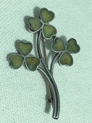 Vintage Sterling Silver Connemara Marble Irish 3 Shamrocks Clover Brooch Pin