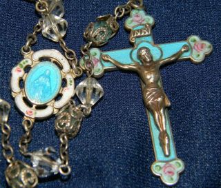 Vintage Guilloche Enamel Rose Creed Sterling Silver Capped Bead Rosary