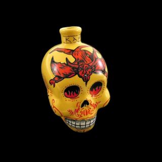 Kah Tequila 750 Ml Yellow W Red Devil Flames Skull Bottle Day Of The Dead Anfora