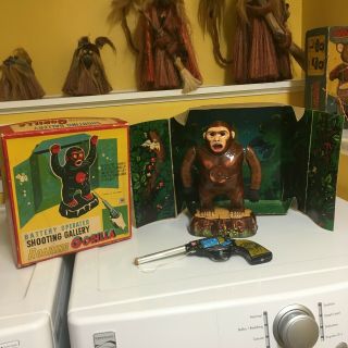 Vintage Masudaya (modern Toys),  Tin Shooting Gallery Roaring Gorilla W/org.  Box
