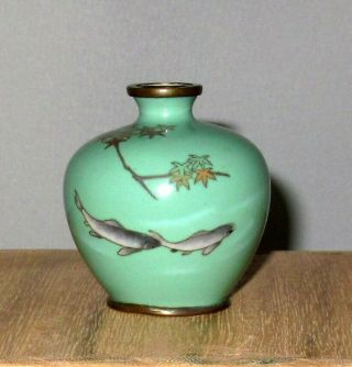 Fine Early Meiji Japanese Miniature Wire/wireless Cloisonne Enamel Vase W/ Fish