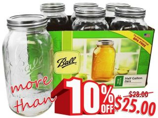 Ball Wide Mouth Canning Mason Jars,  Half Gallon Clear Glass Jar,  64oz,  Pack Of 6