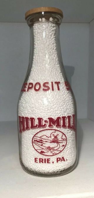 Hill - Mill Hillmill Erie Pa Trpq Deposit Buttermilk Churned Milk Bottle Quart