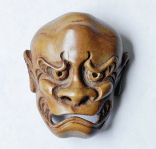 Antique Japanese Boxwood Netsuke Okimono Noh Kabuki Oni Demon Mask Face