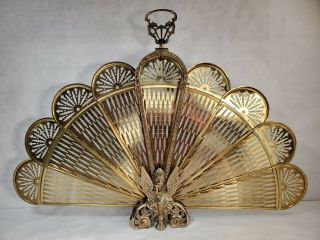 Vintage Brass Peacock Fan Fireplace Screen Gargoyle Regency Gothic Victorian