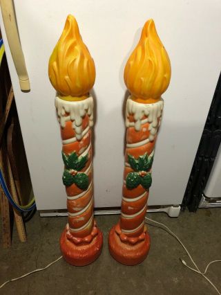 39” Red Holly Candle Light Up Blowmold Plastic Outdoor Decor Yard Vtg Set 2