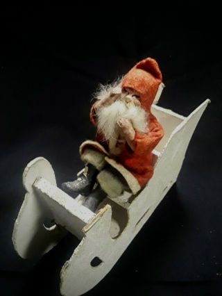 Antique German Putz Santa On White Mica Sled Sleigh - Made In Germany