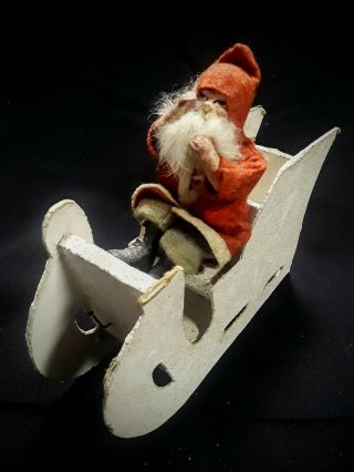 Antique German Putz Santa on White Mica Sled Sleigh - Made in Germany 3