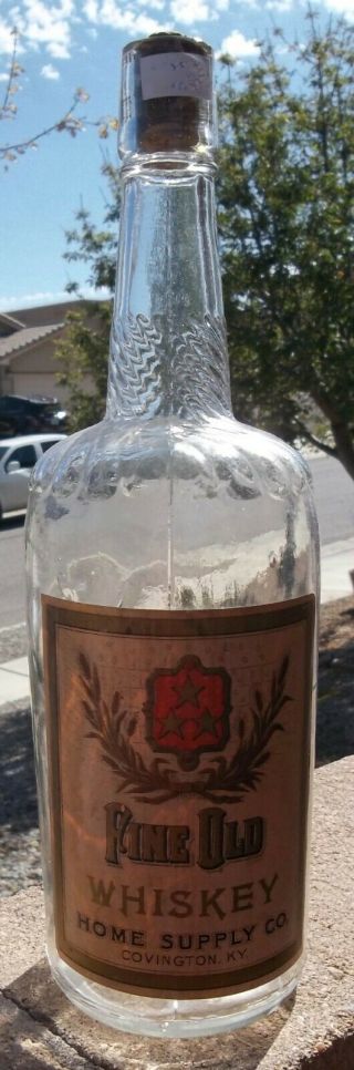 Fine Old Whiskey Home Supply Co.  Bottle W/ Paper Label From Covington,  Kentucky