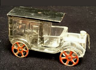 Antique Toy Auto Glass Candy Container Tin Roof & Wheels Open Driver Seat Early