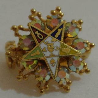 Vintage Rhinestone & Gold Order Of The Eastern Star Oes Masonic Brooch Pin