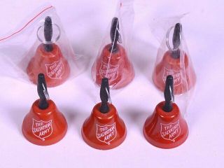 (6) Vintage Miniature Tin Red Salvation Army Bell Ornament Key Chain Fob 1.  5 " H