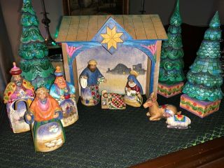 Jim Shore Heartwood Creek Mini Nativity Set Christmas 2004 Plus 3 Trees