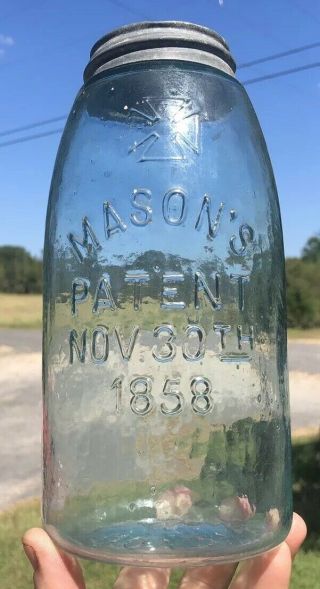 Whittled Hero Cross Masons Patent 1858 Half Gallon Fruit Jar Antique Lid