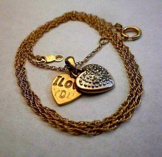 14k Gold 20 " Thin Chain & Cute 10k Gold Diamond 2 Pc Heart " I Love U " Inside 2g