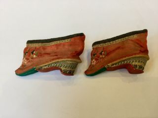 Antique Chinese Silk Lotus Shoes Bound Feet Silk Heeled Embroidered Slippers 2
