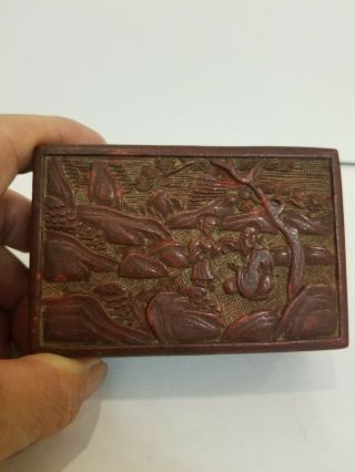 Antique Chinese Cinnabar Carved Lacquer Box Landscape With Scholar & Boy Student