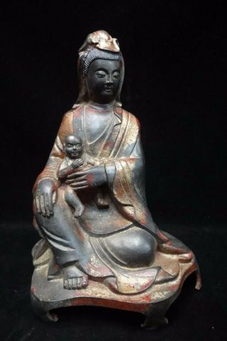 Quality Old Chinese Gilt Bronze " Guanyin " Holding Baby Buddha Statue