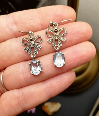 1930 Art Deco Silver,  Marcasite,  Pale Blue Topaz Bow Dangle Earrings - Bride?
