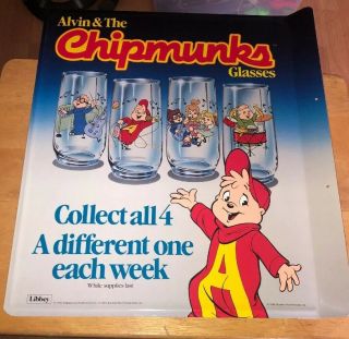 Vintage Alvin Chipmunks Chipettes Hardees Glass 1985 Advertising Metal Sign 17”