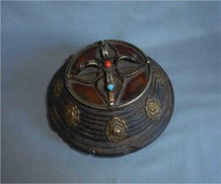Antique Tibet Top High Aged Wood Metal Buddhist Village Lama Ritual Container