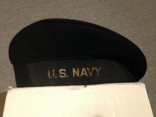 Vintage Wwii Us Navy Blue Wool Sailor Beret Hat With Soldier Name Written Inside