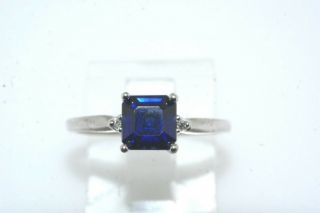 Square Sapphire & Diamond 10k White Gold Ring