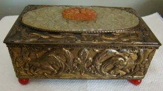 Fabulous Antique Carved Green Jade & Red Agate & Carnelian Box W/ Birds Stone