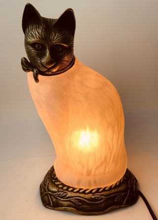 Andrea By Sadek Collectible Pink Glass & Bronze / Brass Cat Lamp Art Nouveau