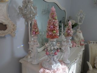 3 (pc) Shabby Vtg.  Christmas Repurposed Cherub Lamp Set W/ Pink Bottle Brush Tree
