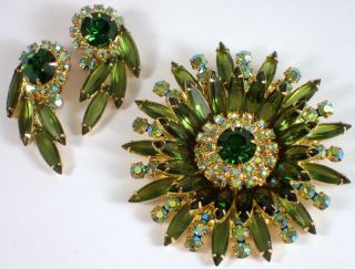 Book Piece Vtg D&e Juliana Green & Ab Rhinestone Flower Brooch & Earrings Set