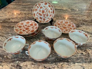Charming Set Of 5 Chinese Porcelain Cups & Saucers In Coral Red & Gilt
