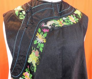 Antique Chinese Black Silk Damask Ribbon Peony Peacock Butterfly Trim Vest Robe 2