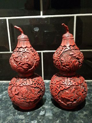 Set Of 2 Antique Red Chinese Cinnabar Lacquer Etched Double Gourd Vases