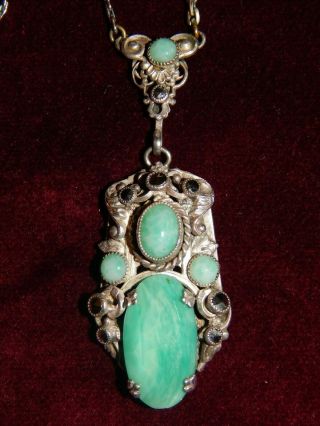 Vintage Art Deco Green Peking Glass & Marcasite Dropper Necklace Czech 1930 