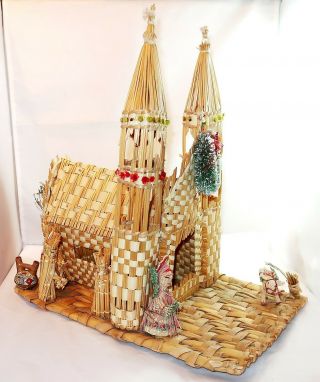 Hand Woven Straw Nativity Church Unique Vintage Holy Religious Diorama Folk Art