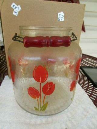 Vintage Tulip Flower Cookie Pickle Jar Wire Bail Red Wood Handle No Lid