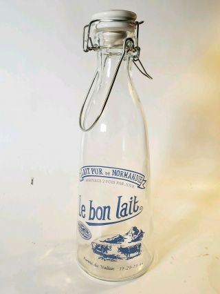 Le Bon Lait French Glass Milk Bottle Blue Cow Graphics Normandy With Cap