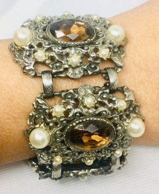 Wide Ornate Rhinestones Bracelet Large Topaz Glass Faux Pearls Vintage Jewelry