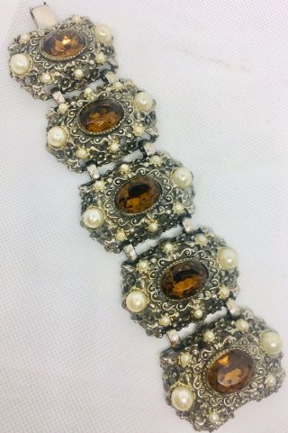 WIDE Ornate Rhinestones Bracelet Large Topaz Glass Faux Pearls Vintage Jewelry 2