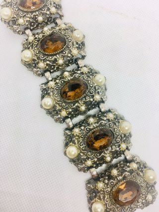 WIDE Ornate Rhinestones Bracelet Large Topaz Glass Faux Pearls Vintage Jewelry 3