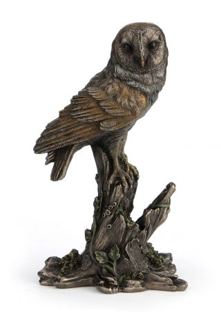 Barn Owl Perched On Tree Stump Bronze Color Statue Sculpture Figure - Gift Boxed
