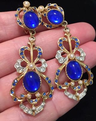 Vintage Jewellery Stunning Sphinx Sapphire Blue Cabochon Drop Earrings - Clip On