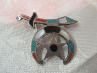 Vintage Sterling Silver Brooch Pin Shriners Inlaid Coral Turquoise Onyx Mop